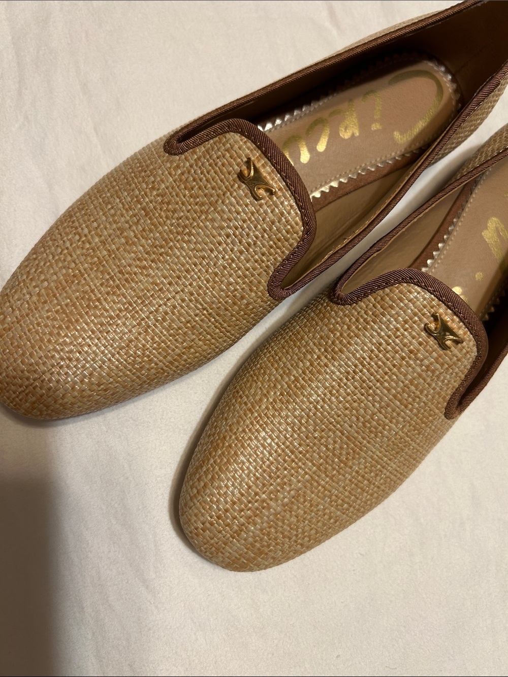 Sam Edelman Tan Woven Slip-On Loafers with Brown Trim - Picture 10 of 10